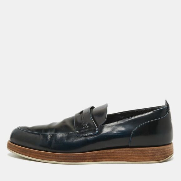 Louis Vuitton Navy Blue Perforated Leather Penny Loafers Size 42
